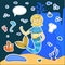 Stickers cartoon mermaid cook. soup ladle, chef cap, speech bubble, plate, food. Character siren, algae, fish, shells