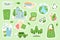 stickers. Cartoon zero waste shopping bag, green electricity, smart city. Vector emblems isolated set