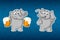 Stickers elephants. He holds mugs of beer and offers to drink. He raised his finger up, like.Big set of stickers. Vector, cartoon