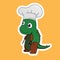 Stickers of Green Dinosaur Chef Carry Spatulas and Knives Cartoon, Cute Funny Character, Flat Design