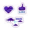 Stickers of heart, like and share in alien style