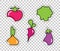 Stickers with images of vegetables. Tomato, broccoli, radish, onion and eggplant