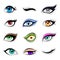 Stickers, patch set of woman eyes collection. Anime cartoon style. Vector sticker kit.