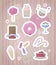 Stickers with pink cute sweets with a white outline and shadows on a striped pink background vector drawing