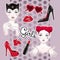 Stickers set cartoon girls and accessories - high heeled shoes, heart shaped glasses, glossy lips and lipstick