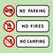 Stickers set No Camping, No fires, No Parking,