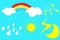 Stickers set with sun rainbow cloud moon on blue background