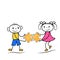 Stickman boy and girl holding puzzle icons. Teamwork or problem solving cartoon figures.