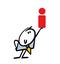 Stickman in business suit holding letter i in rising up hand. Vector illustration helps to draw attention to important