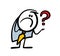 Stickman in a business suit looks annoyingly at question mark and does not understand. Vector illustration of confused