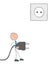 Stickman businessman is baffled because the socket is up. He`s thinking about how to insert the plug into the outlet, hand drawn