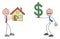 Stickman businessman is buying a house. The house is bought and money is given, hand drawn outline cartoon vector illustration