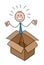 Stickman businessman character in the empty box and happy, vector cartoon illustration