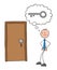 Stickman businessman character in front of the locked door but no key, vector cartoon illustration