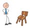 Stickman businessman character gets angry when he sees the wooden chair, vector cartoon illustration