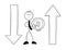 Stickman businessman character holding bitcoin coin and with arrows moving down and up, vector cartoon illustration