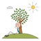 Stickman businessman character leaning against a tree and resting in the sunshine, vector cartoon illustration