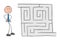 Stickman businessman character looking into the maze and thinking, vector cartoon illustration