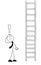 Stickman businessman character looking at the very long wooden ladder and worried, vector cartoon illustration