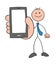 Stickman businessman character showing the smartphone screen, vector cartoon illustration