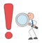 Stickman businessman examines exclamation mark danger with magnifying glass, hand drawn outline cartoon vector illustration