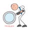 Stickman businessman examines small problem word with magnifying glass, hand drawn outline cartoon vector illustration