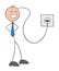 Stickman businessman has a wire in his head and is charging his brain, hand drawn cartoon vector illustration