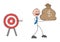 Stickman businessman hit the target and wins the sack of dollars and takes it away, hand drawn outline cartoon vector illustration