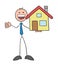 Stickman businessman holding house, hand drawn outline cartoon vector illustration