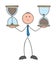 Stickman businessman is holding two hourglasses, beginning and ending, hand drawn cartoon vector illustration