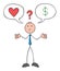 Stickman businessman is stuck between love and money and cannot decide, hand drawn outline cartoon vector illustration