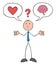 Stickman businessman is torn between his heart and his brain, can`t decide whether to listen to his emotions or his mind