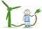 Stickman character standing next to wind turbine, green renewable energy concept