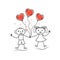 Stickman characters holding hands with doodle heart shaped ballons. Couple in love.