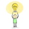 Stickman holding glowing light light bulb with word IDEA above head