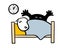 Stickman is lying on bed under the covers and is afraid. Scary black monster attacks from behind. Vector illustration of