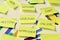 Sticky notes with work concepts, such as workshop, meeting or se