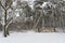 Stile with a wooden gate in a snowy forest