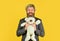 Still childish in soul. Happy businessman hug teddy bear yellow background. Bearded man with toy friend. Friend and