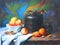 Still life with apples, oranges, fallen leaves, branches, glasses and urn.