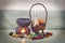 Still life aroma set and Egg in rattan basket