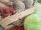 Still life with assortment cabbages on wooden table