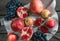 Still life of autumn fruits, pomegranates, apples. Vintage.