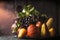 Still life with autumn fruits and vegetables: apples, pears, grapes, pumpkins, corn on the cob on dark rustic kitchen table