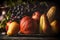 Still life with autumn fruits and vegetables: apples, pears, grapes, pumpkins, corn on the cob on dark rustic table