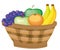 Still life. basket with fruits - bananas, grapes, apples. Gifts of Autumn. Harvest.