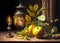 Still life with a beautiful goblet, candle and fruit lying on an table. 3D rendering