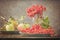 Still life berries of a viburnum and garden seasonal apples in plates