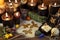 Still life with black candles, four-leaf clover, runes, crystals and magic objects on witch table