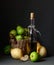 Still life, bottle of wine, wicker basket, pears